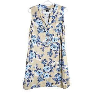JESSICA HOWARD Linen Dress BEIGE TAN BLUE FLORAL size 12 Summer Sleeveless Cute!
